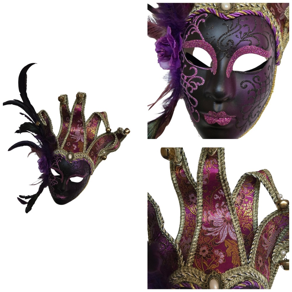 Full Face Venetian Jester Mardi Gra Masks Purple and Gold Brocade - Picture 1 of 9